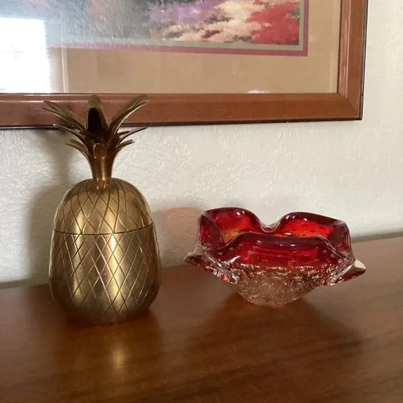 Murano Venetian Art Glass Bowl Hand Blown Red And Gold Flecks Italy MCM Vintage - Picture 4 of 16